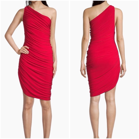 Norma Kamali Size M / 38 Diana Mini Dress Tiger Red One Shoulder Ruched Sexy NWT